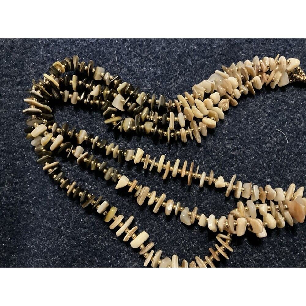 3 Strand Shell Necklace Leather Cord Gold Tone Findings 30in